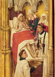 Erlösungstriptychon: Sakrament der Letzten Ölung, aus der Serie kleiner Bilder, die die Sakramente um das zentrale Bild der Kreuzigung darstellen, c.1460